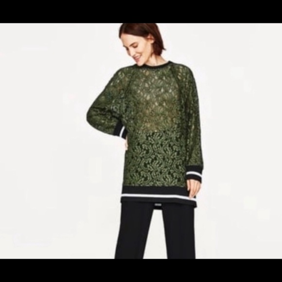 Women's ZARA long Sweatshirt olive Green Lace Top size L - Picture 6 of 6